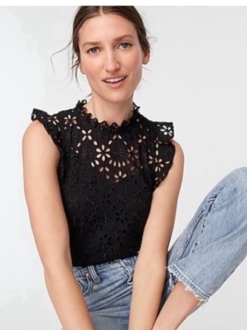 J. Crew NWT Black Eyelet Crochet Lace Sleeveless Top Women’s Medium High Neck